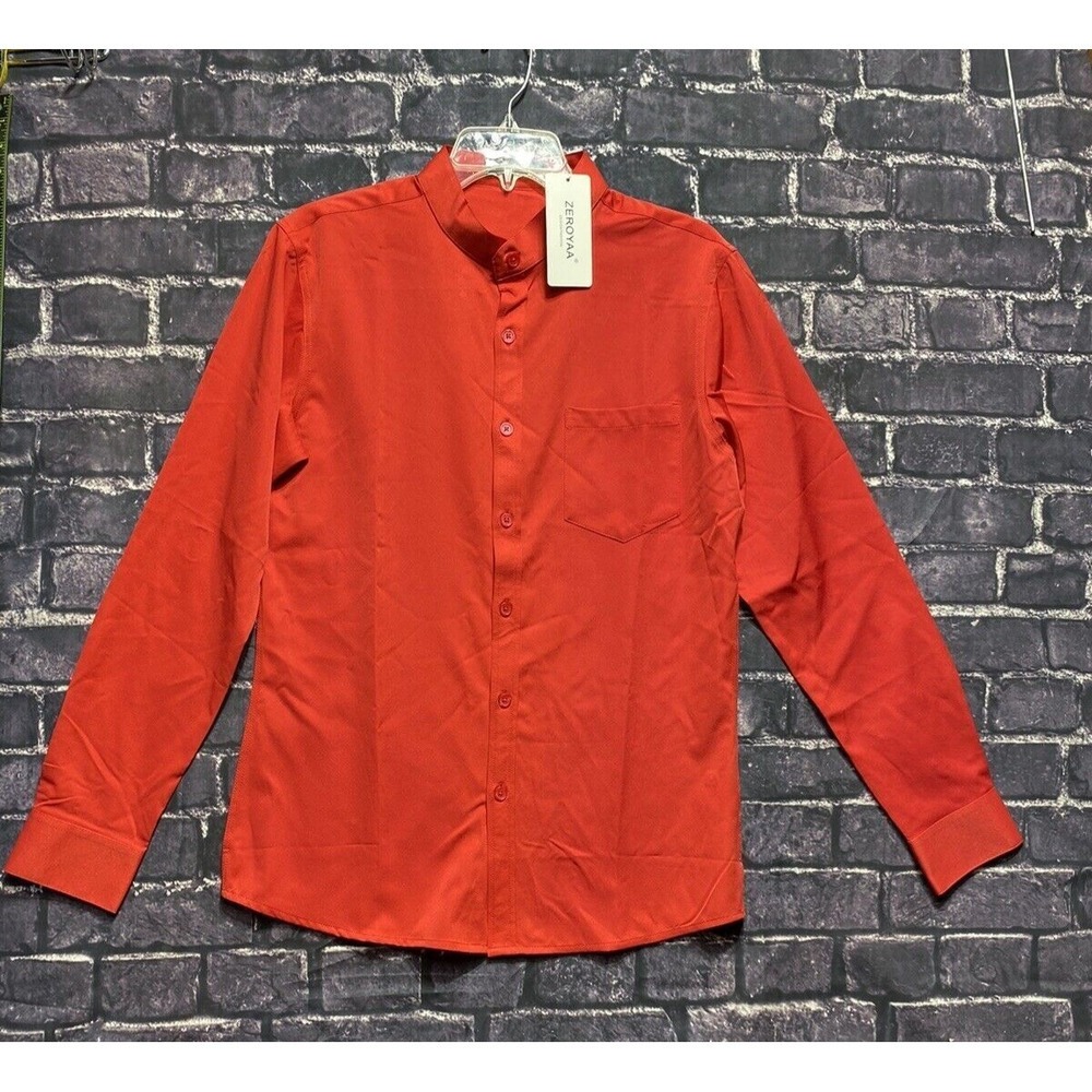 ZEROYAA Mens Mandarin Collar Long Sleeve Casual Shirt Red Size Small‎ NWT